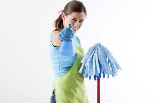 Cleaner arriving with cleaning equipment at a home entrance