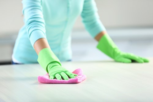 Local cleaner working on windows in a Haringey neighbourhood