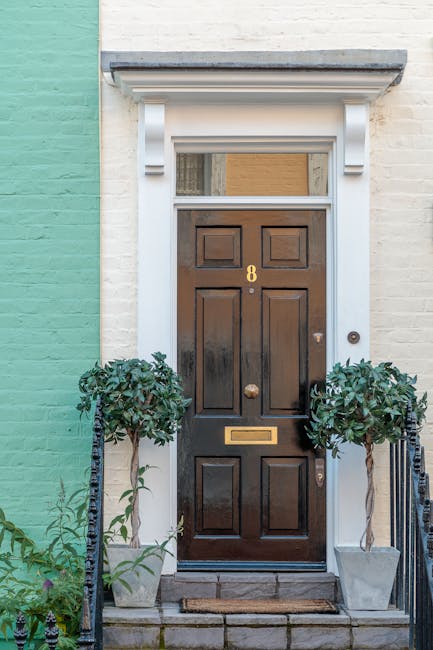 A close-up view of a residential front door painted in dark wood, featuring six rectangular panels and a brass letterbox inset into the lower panel. The door is surrounded by white trim with decorative brackets supporting a small overhanging lintel. Two symmetrical potted plants with lush, green foliage flank the entrance, positioned on either side of a small stone step. The background includes a light-colored brick wall on the right and a pastel green painted wall on the left, under soft natural lighting that highlights the clean and well-maintained facade. This scene represents a typical entryway maintained by Cleaner Haringey for domestic surface cleaning and general property upkeep.
